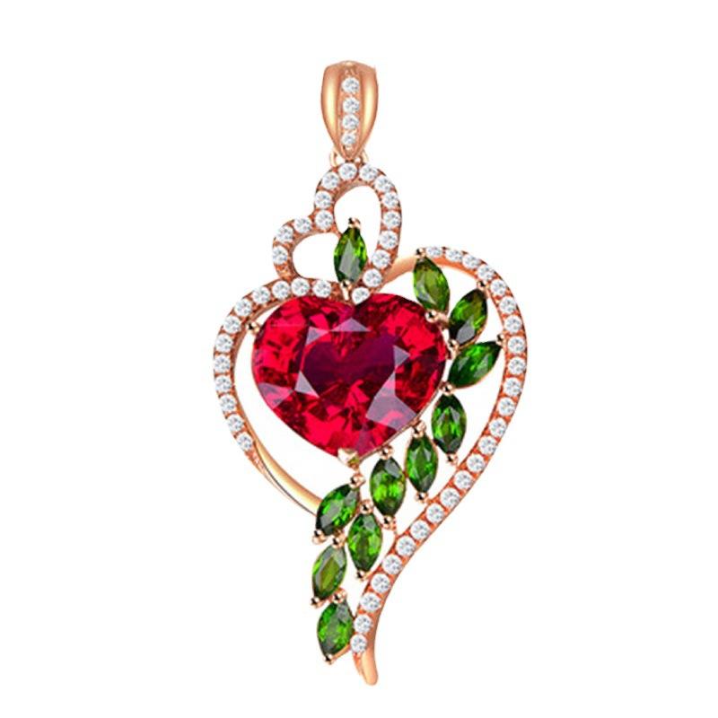 Fashion Ladies Ruby Heart Pendant Necklace Set Green Diamond Heart Necklace Jewelry