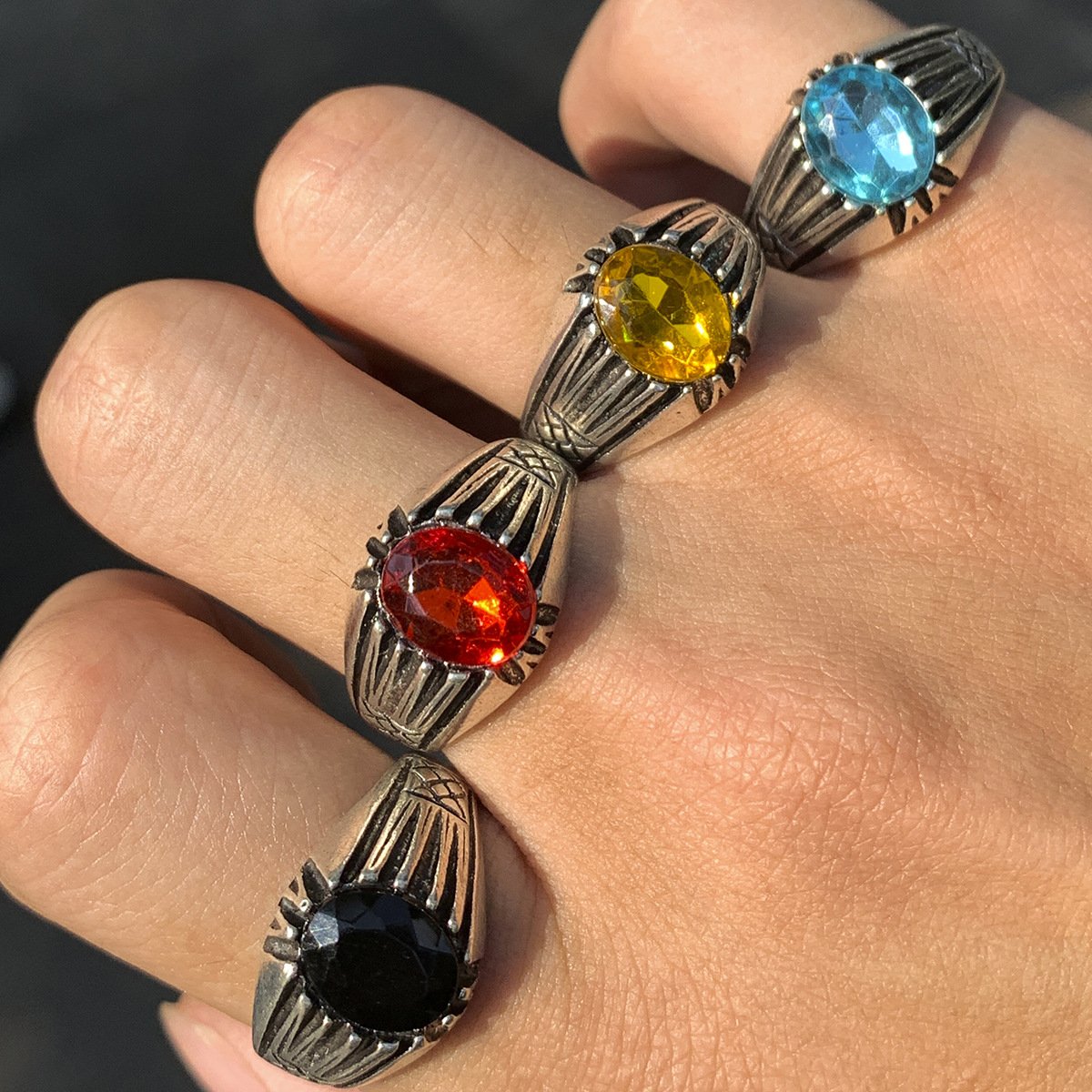 Retro hip-hop trendy cool personality men's ring set diamond gemstone index finger ring metal ring