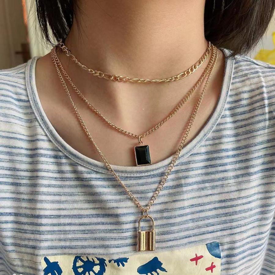 Mix and match geometric multi-layer jewelry square brand black diamond pendant snake bone chain temperament lock necklace