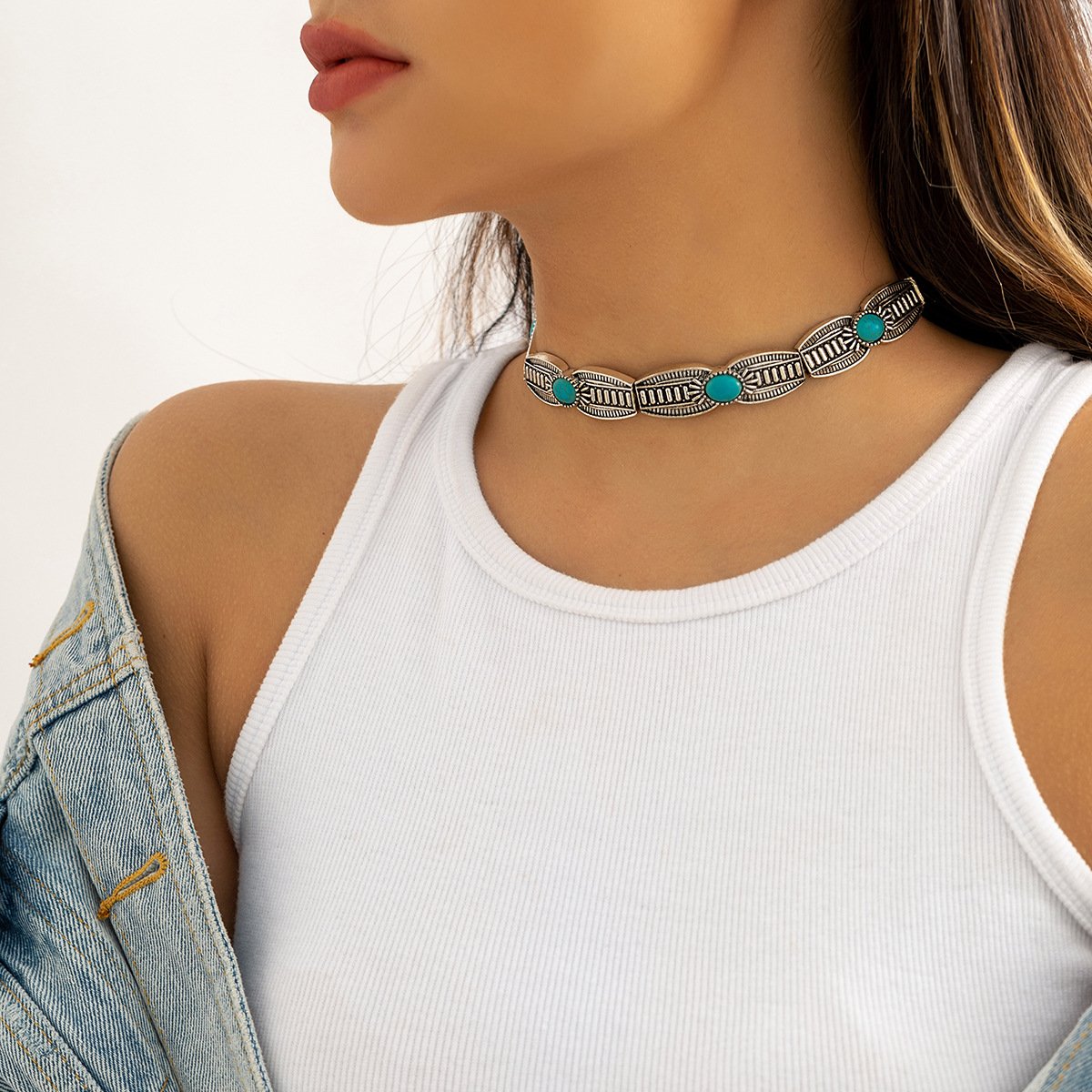 Jewelry Ethnic Punk Faceplate Chain Necklace Necklace Retro Pattern Oval Turquoise Necklace Female