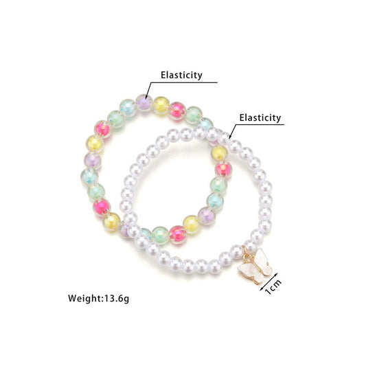 Fashion Sweet Colorful Bead Pearl Bracelet Alloy Butterfly Pendant Stretch Thread Bracelet Accessories