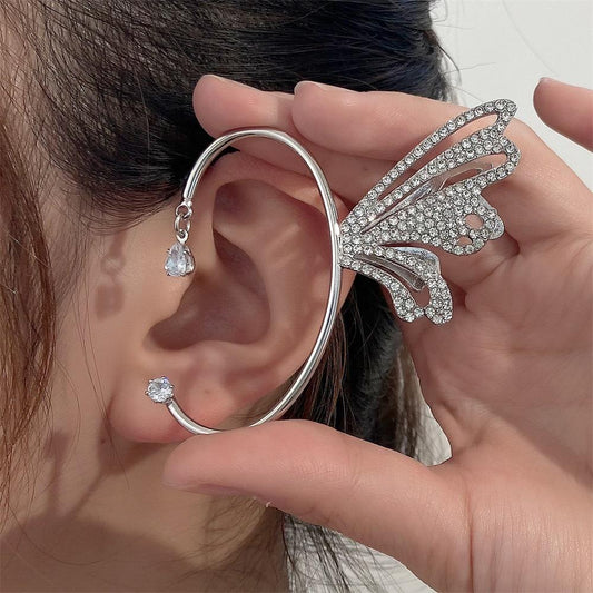 Super Fairy Full Diamond Butterfly Wing Elf Ear Hanging Earbone Clip Fashion Temperament Feather Ear Clip No Pierced Earrings