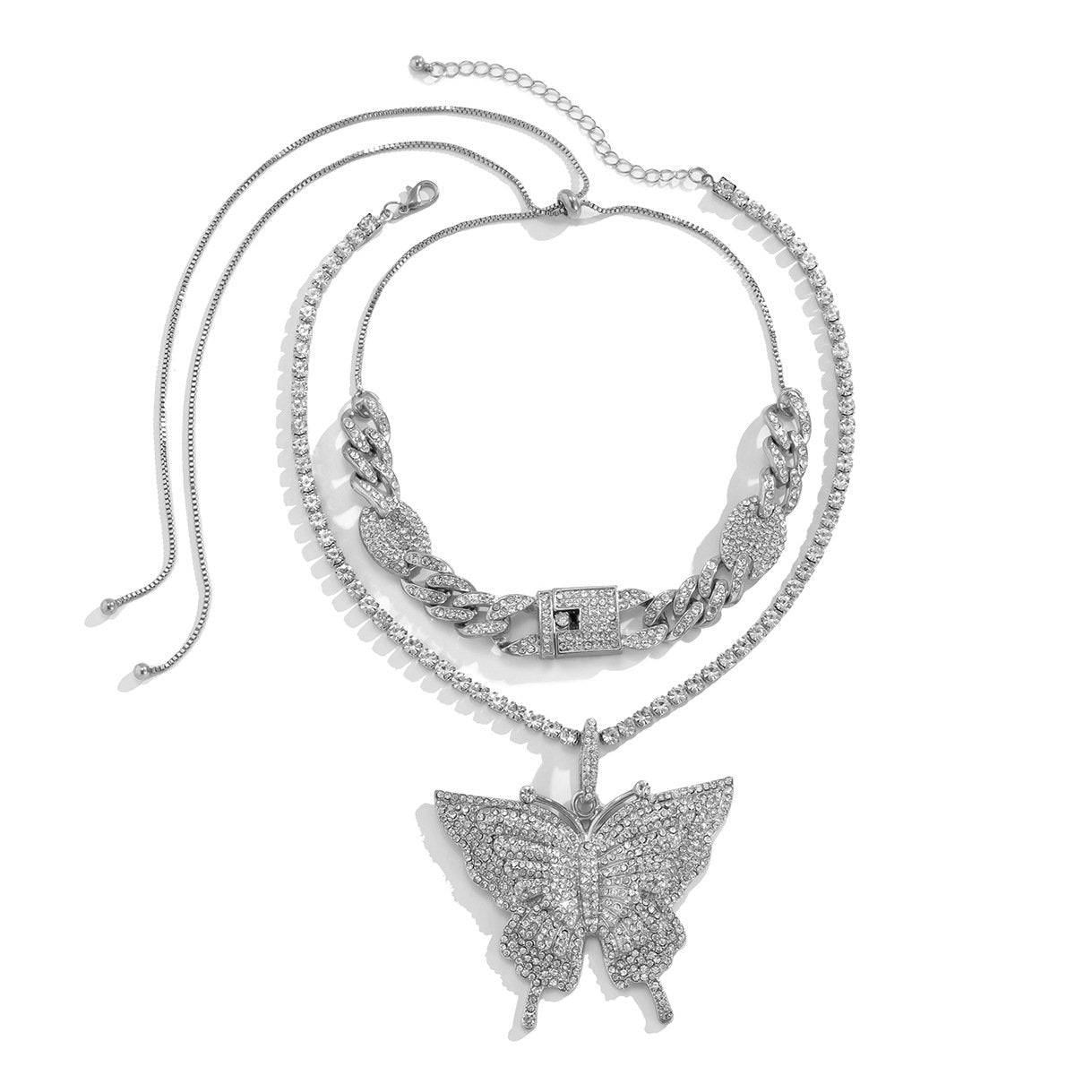 Jewelry Hip Hop Full Diamond Cuban Chain Necklace Female Trend Diamond Big Butterfly Clavicle Necklace
