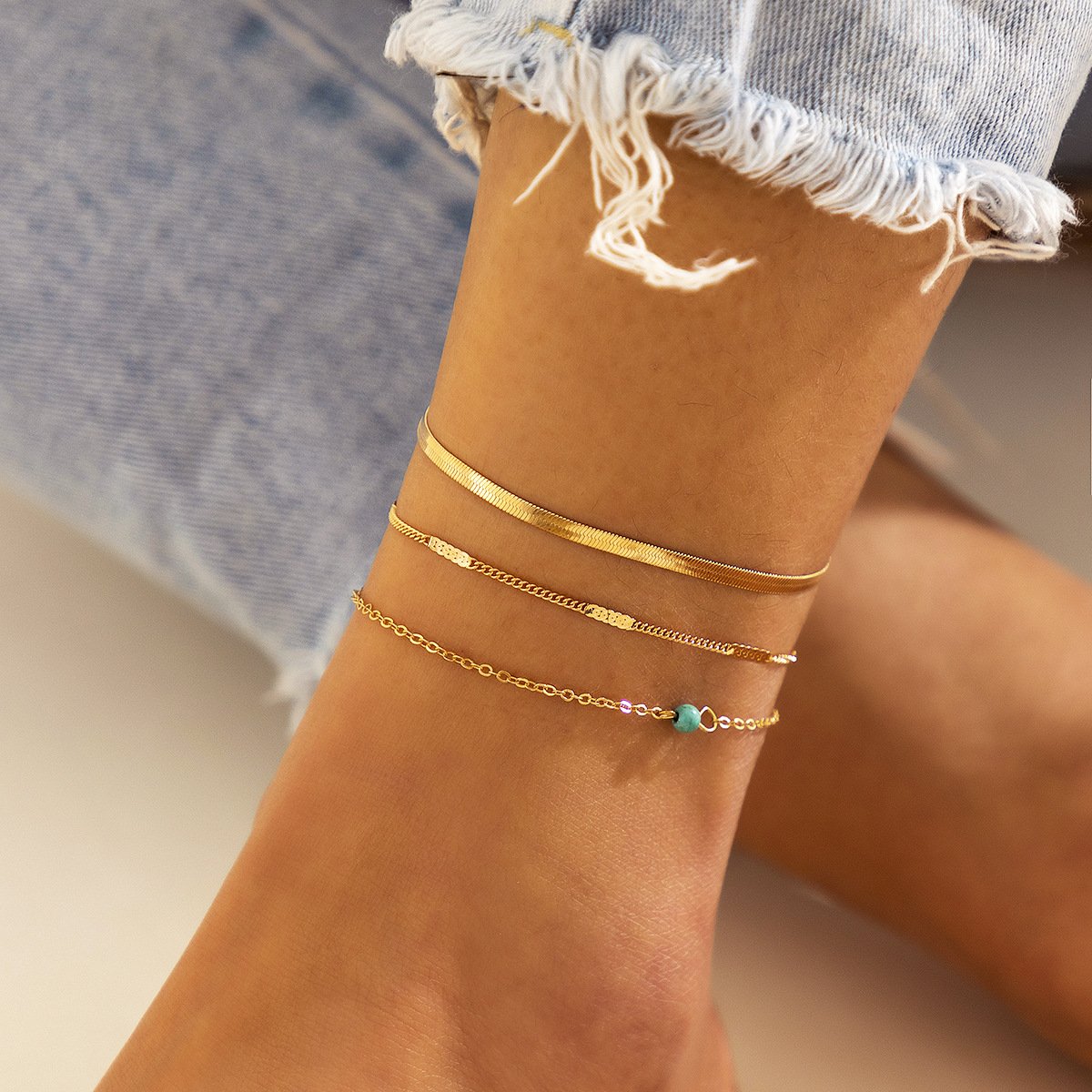 Jewelry beach multi-layer snake bone chain turquoise anklet simple all-match thin chain metal foot jewelry for women