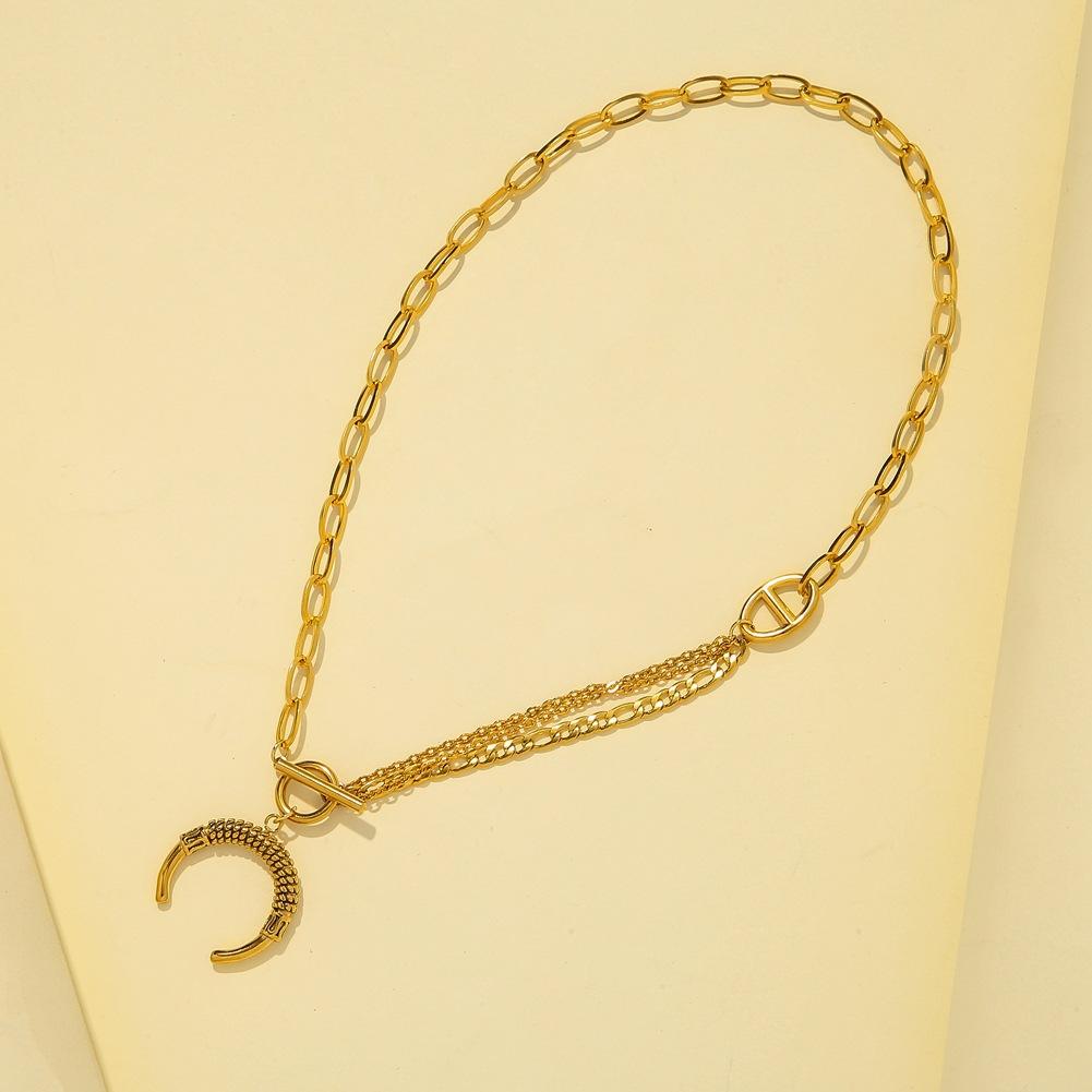 Jewelry Fashion Stainless Steel Gold Retro Curved Moon Pendant Necklace Personality Chain Clavicle Chain