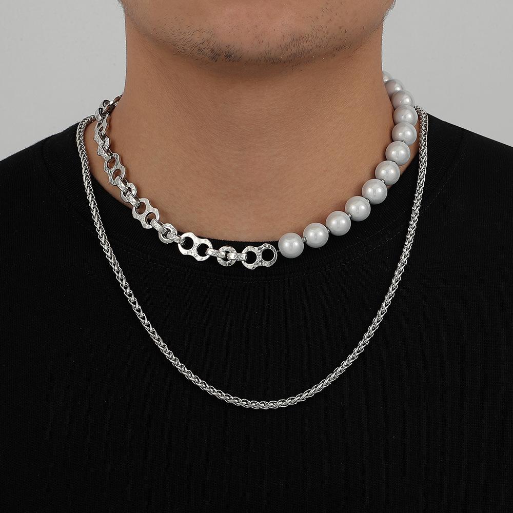 Trendy atmosphere personality pig nose stitching pearl double layer men's necklace punk cold collarbone necklace