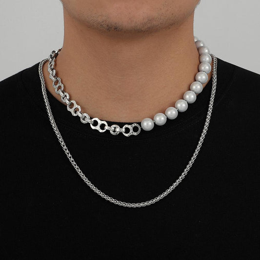 Trendy atmosphere personality pig nose stitching pearl double layer men's necklace punk cold collarbone necklace
