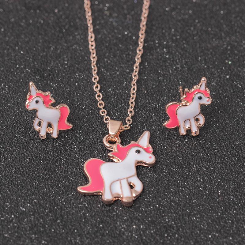 Fashion Color Pony Painting Oil Necklace Set Cartoon Creative Animal Earrings Pendant Jewelry