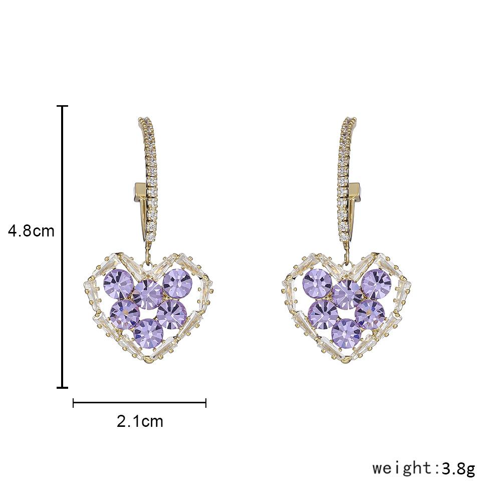 Personality trend heart-shaped zircon temperament purple earrings fashion high-end peach heart temperament earrings for women