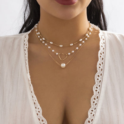 Jewelry simple round bead metal chain necklace temperament imitation pearl heart-shaped multi-layer necklace female