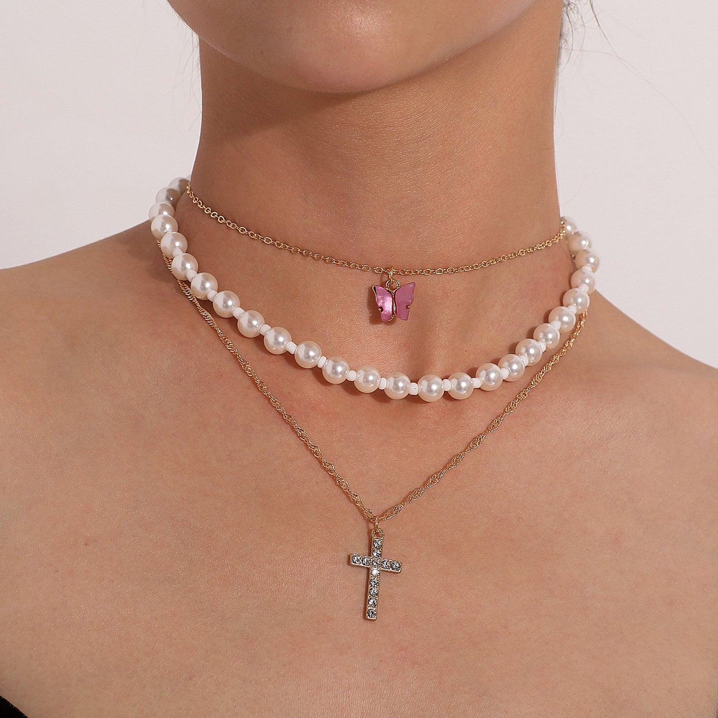 Jewelry Trend Full Diamond Cross Pendant Necklace Female Acrylic Butterfly Pearl Necklace