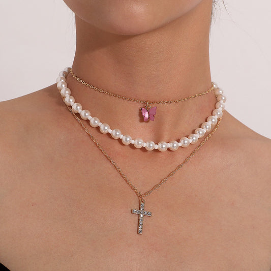 Jewelry Trend Full Diamond Cross Pendant Necklace Female Acrylic Butterfly Pearl Necklace