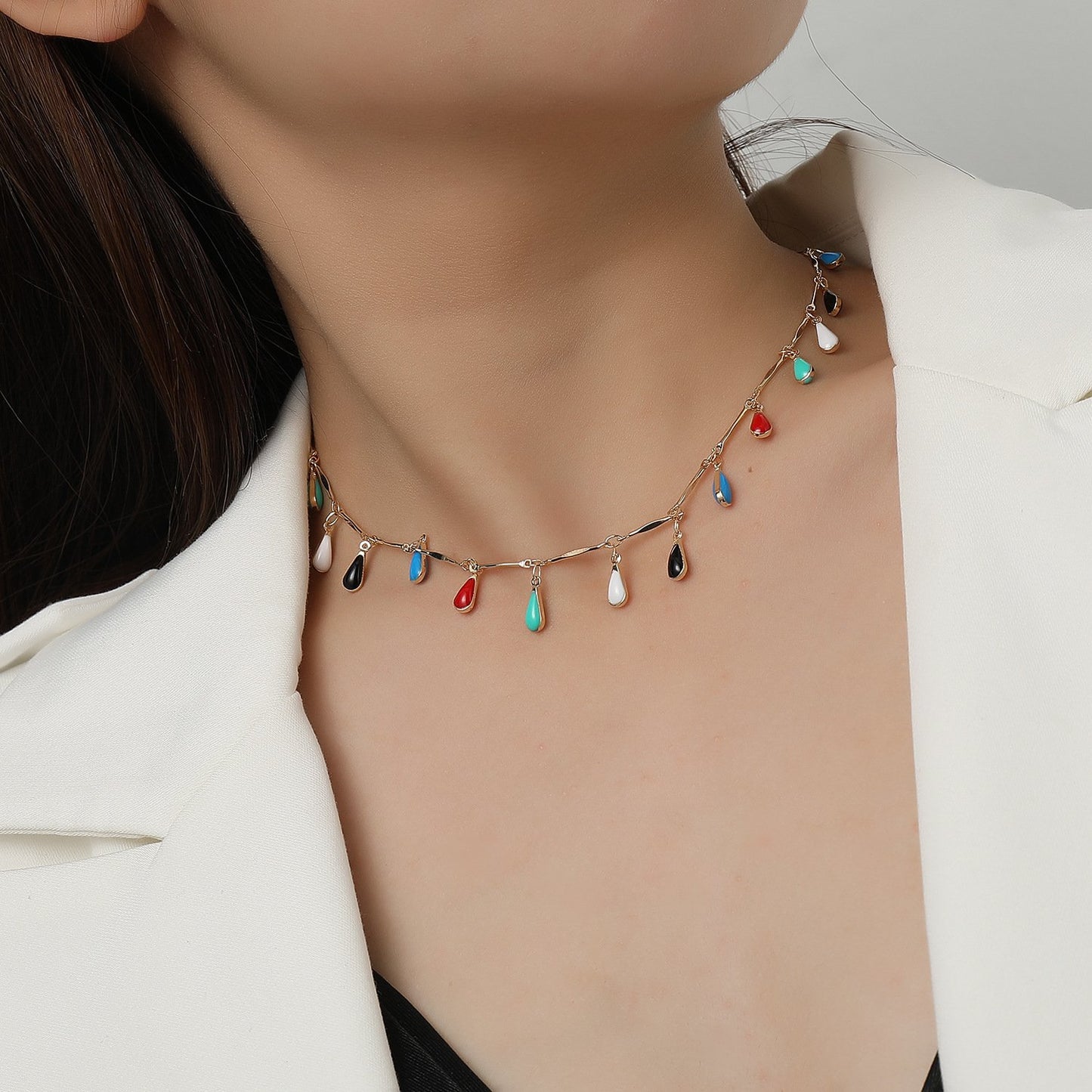 Jewelry Drop Glaze Gem Water Drop Pendant Necklace Female Hip Hop Fashion Trend Colorful Short Money Jewelry