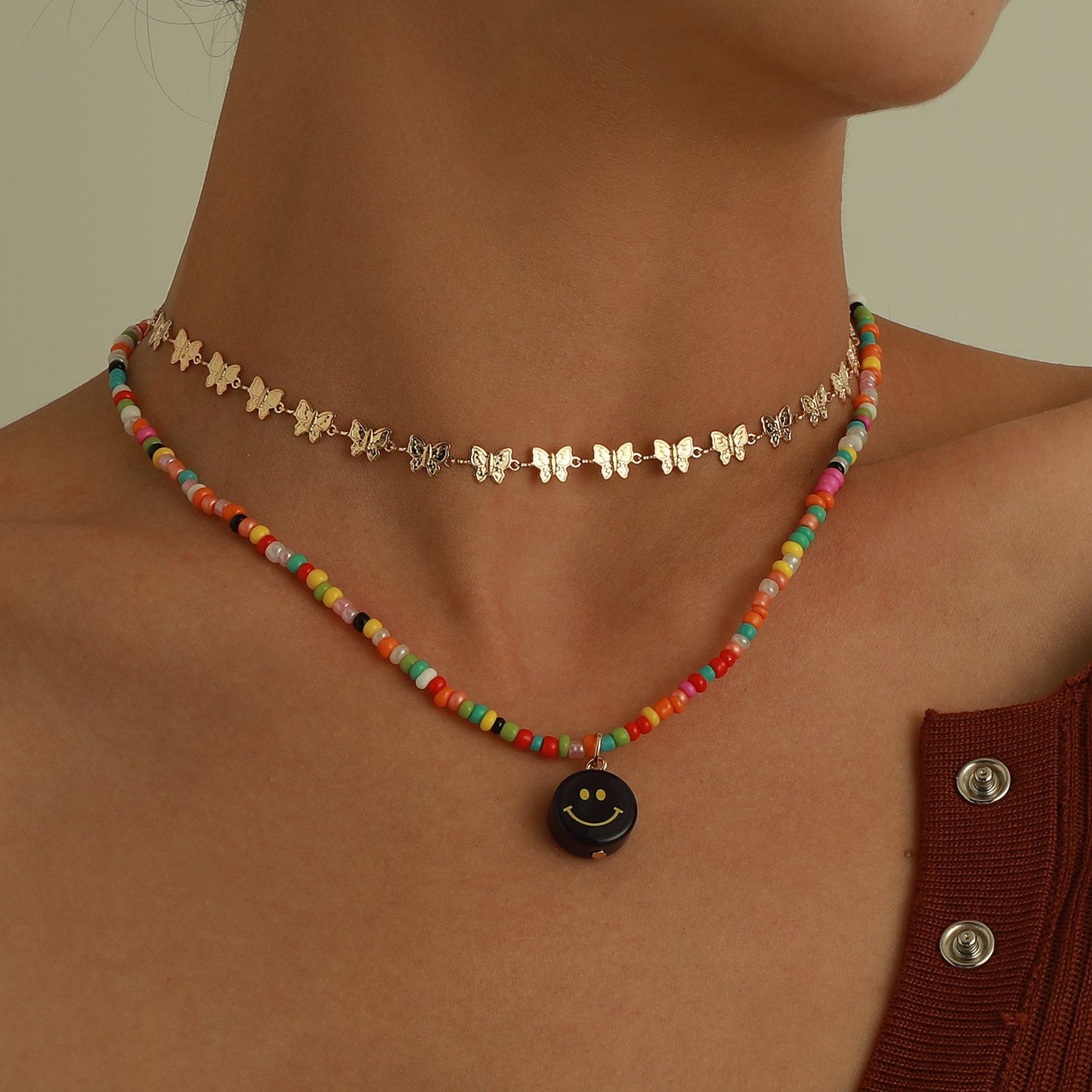 Jewelry Fashion Acrylic Smiley Face Pendant Necklace Colorful Beads Alloy Butterfly Chain Necklace