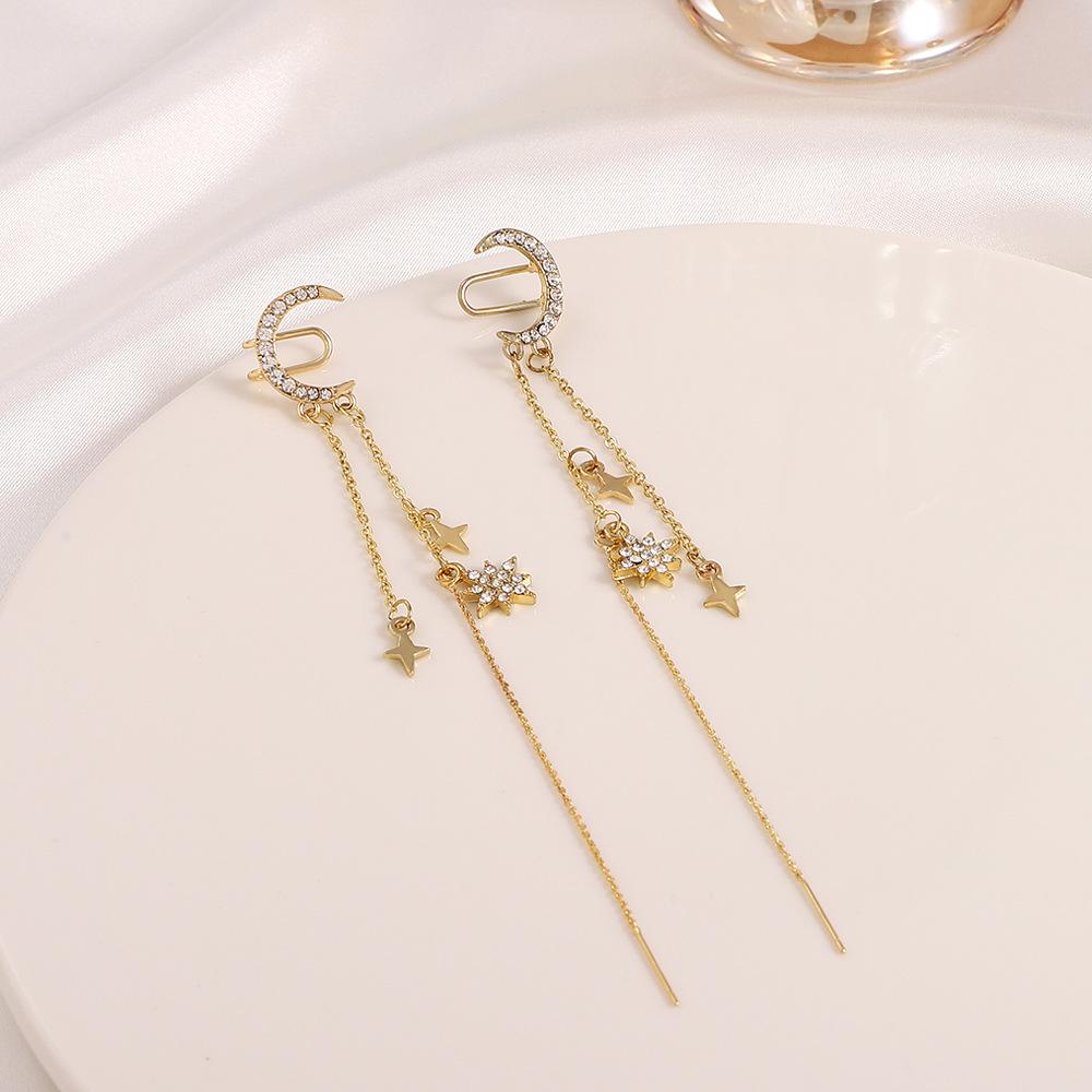 Moon Splashing Star River Long Tassel Earline Earbone Clip Women's Fashion Light Luxury Micro-inlaid Zircon Moon Ear Clip Without Pierced Ears