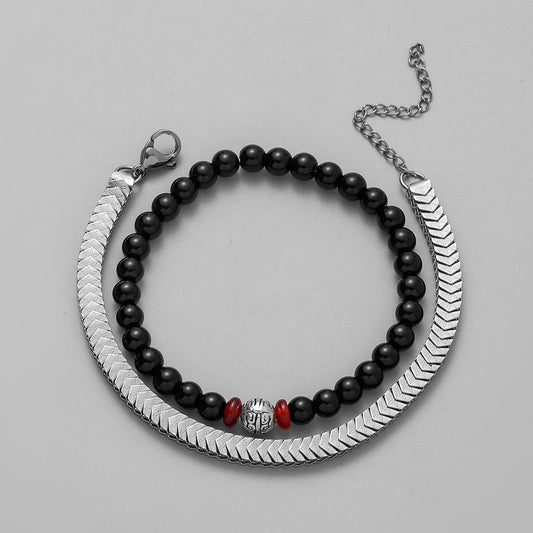 Fashion stackable jewelry stainless steel chain simple double layer black beads V-shaped chain bracelet men