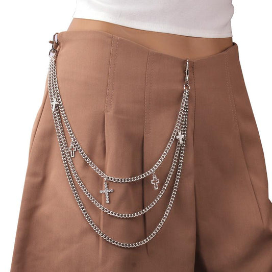 Hip-hop punk diamond-encrusted cross accessories ins fashion multi-layer metal trouser chain