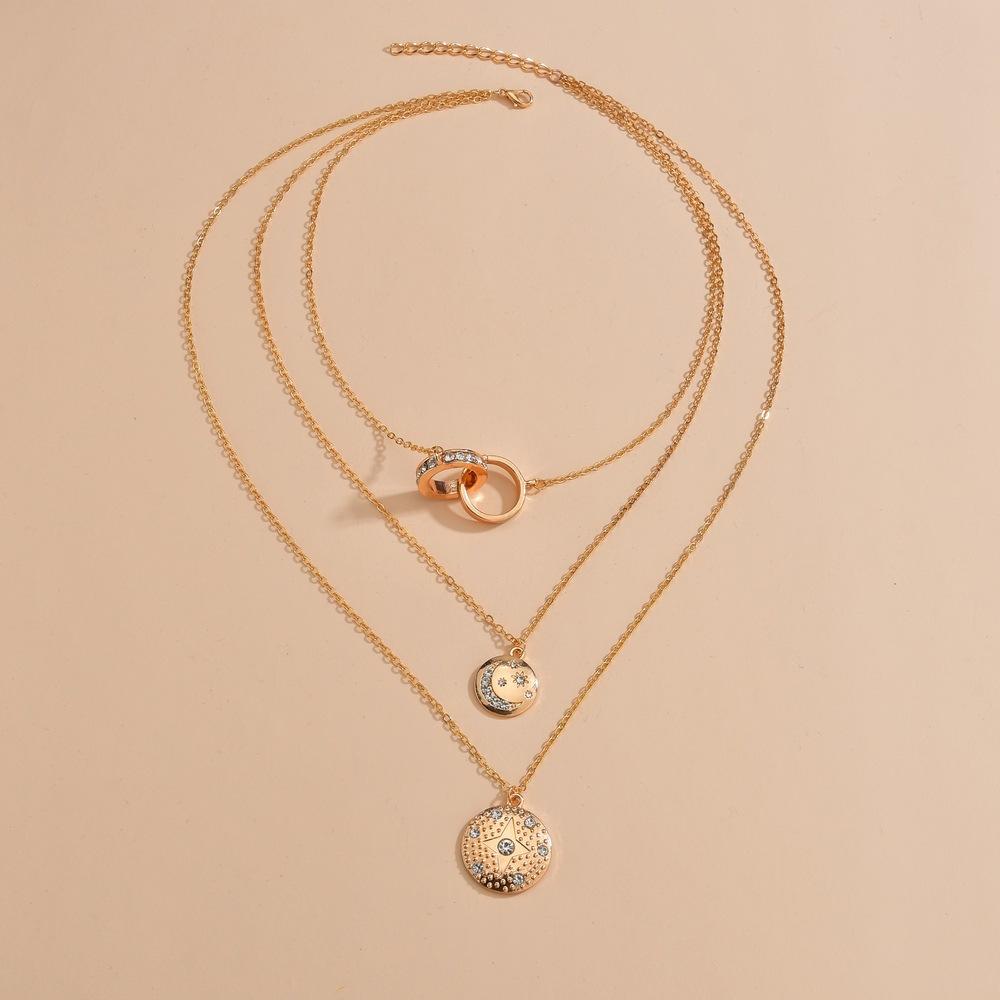 Fashion Alloy Rhinestone Star Moon Pendant Necklace Vintage Multilayer Necklace Accessories