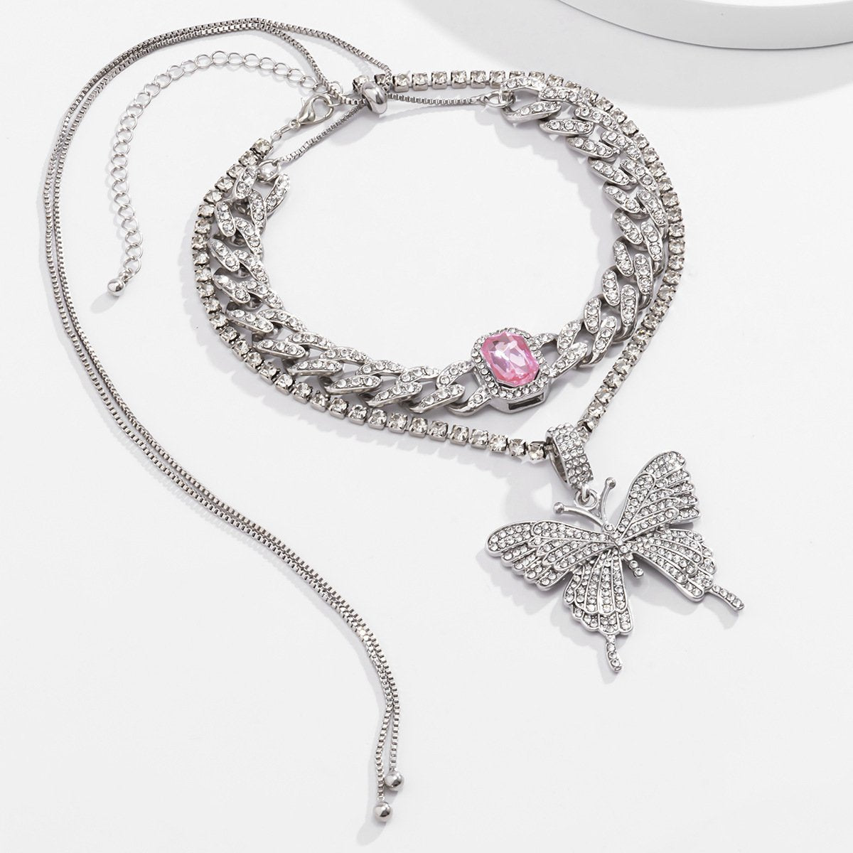 Jewelry Personality Cuban Chain Exaggerated Necklace Female Fashion Temperament Diamond Butterfly Gem Necklace