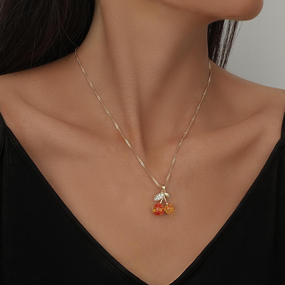 Sweet cool cherry pendant necklace women's trendy sweater chain niche design simple resin ball clavicle chain