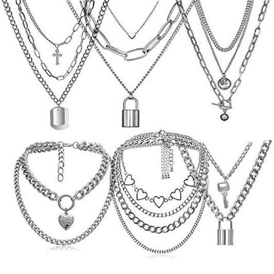 Accessories Fashion Chain Cold Necklace Multi-element Geometric Peach Heart Temperament Necklace Set Chain