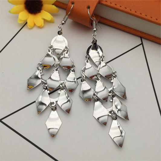 Three-dimensional sequins surface rhombus leaf long earrings metal earrings street stall accessories