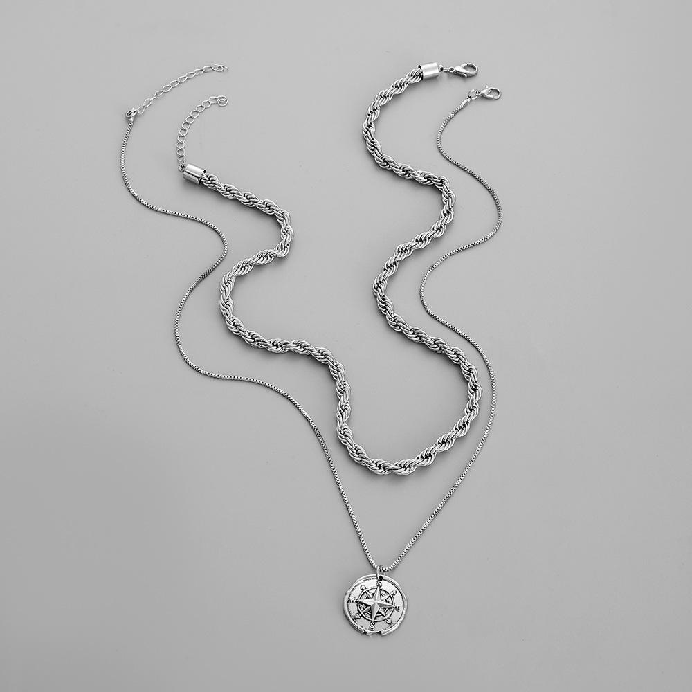 Simple personality niche fashion all-match trend men's double-layer compass retro coin twist chain necklace