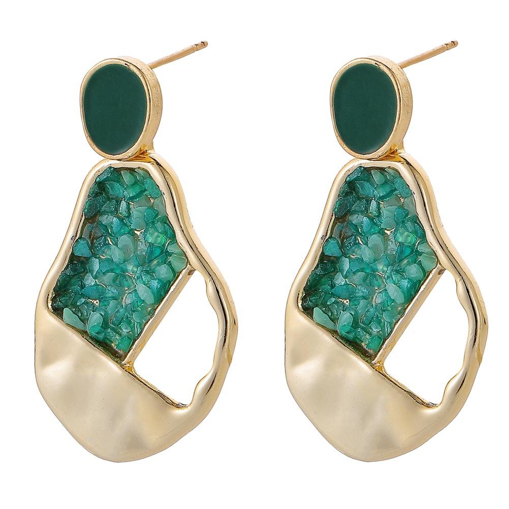 Earrings Temperament Green Gravel Geometric Hollow Drop Oil Pendant Fashion Versatile Jewelry