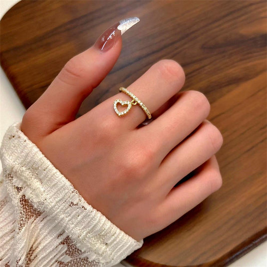 ins diamond love pendant ring female fashion light luxury niche design hollow geometric peach heart index finger ring