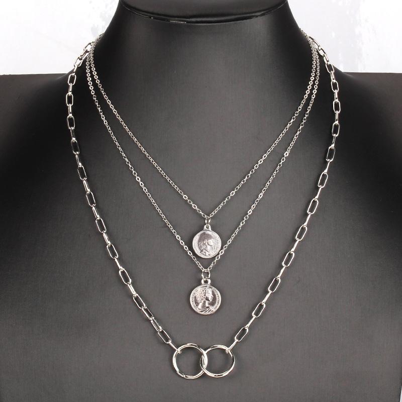 Decorated with multi-layered ring pendant necklace female ins cold beauty head pendant clavicle chain