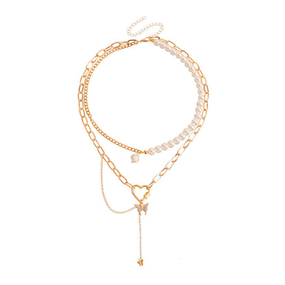 Pastoral Retro Geometric Love Butterfly Combination Necklace French Elegant Imitation Pearl Beaded Chain Necklace
