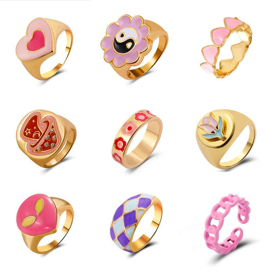 ins color drop oil love ring love alien grid ring fashion accessories