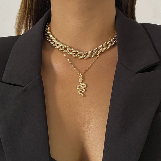 Jewelry Retro Hip Hop Full Diamond Cuban Chain Necklace Simple Inlaid Rhinestone Snake Pendant Necklace Women