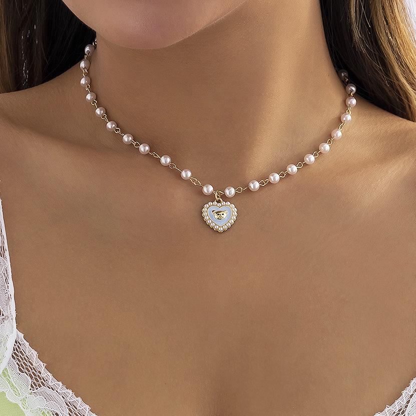 Jewelry sweet cool color animal single-layer necklace simple imitation pearl handmade bear heart-shaped necklace
