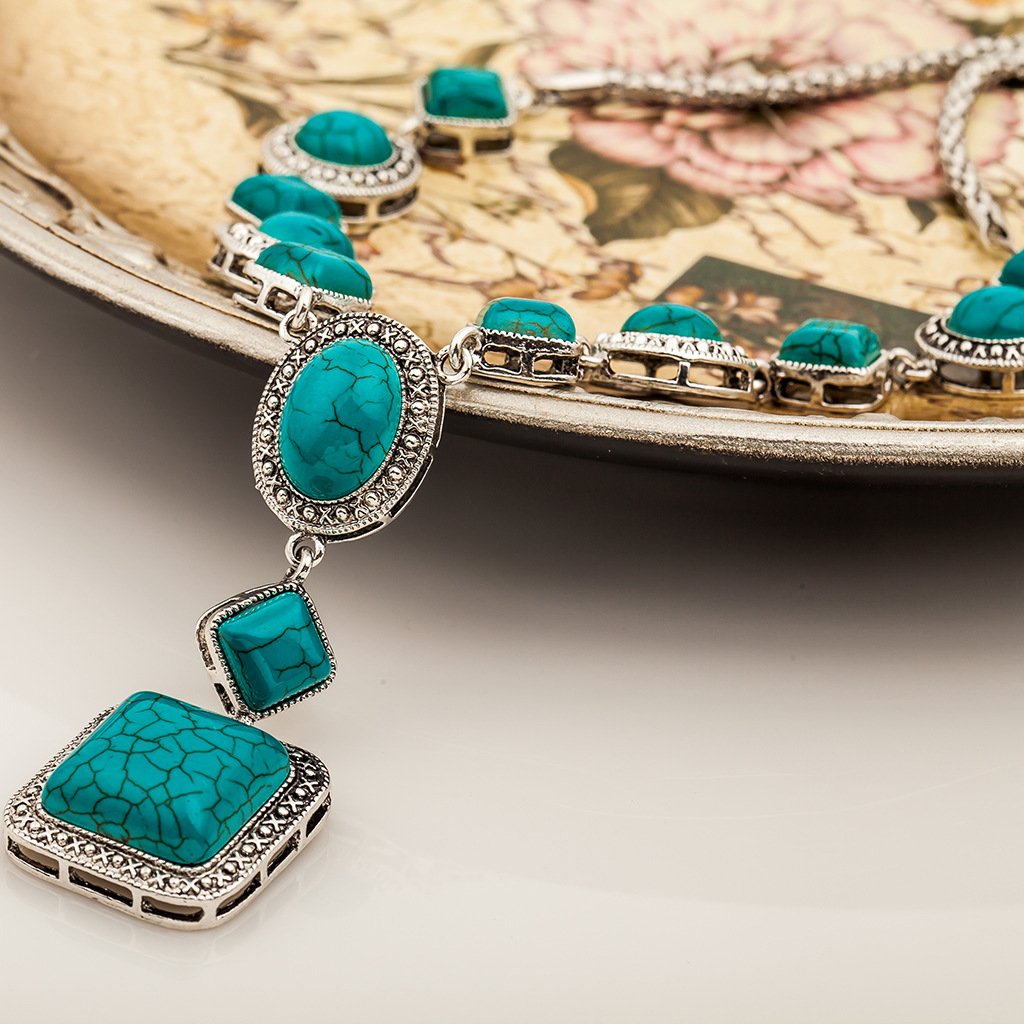 Jewelry Turquoise Necklace Retro Rhombus Round Geometric Shape Alloy Necklace