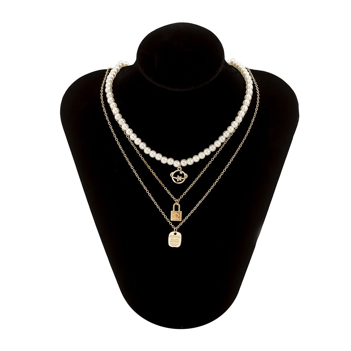 Jewelry Imitation Pearl Woven Pendant Necklace Planet Micro-inlaid Lock Letter Multilayer Necklace Female