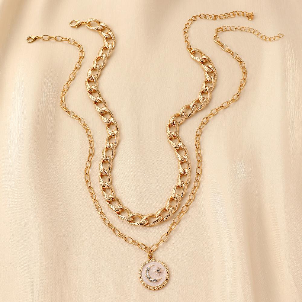 Fashion light luxury niche design sense double-layer Cuban chain round coin moon star drop oil necklace female