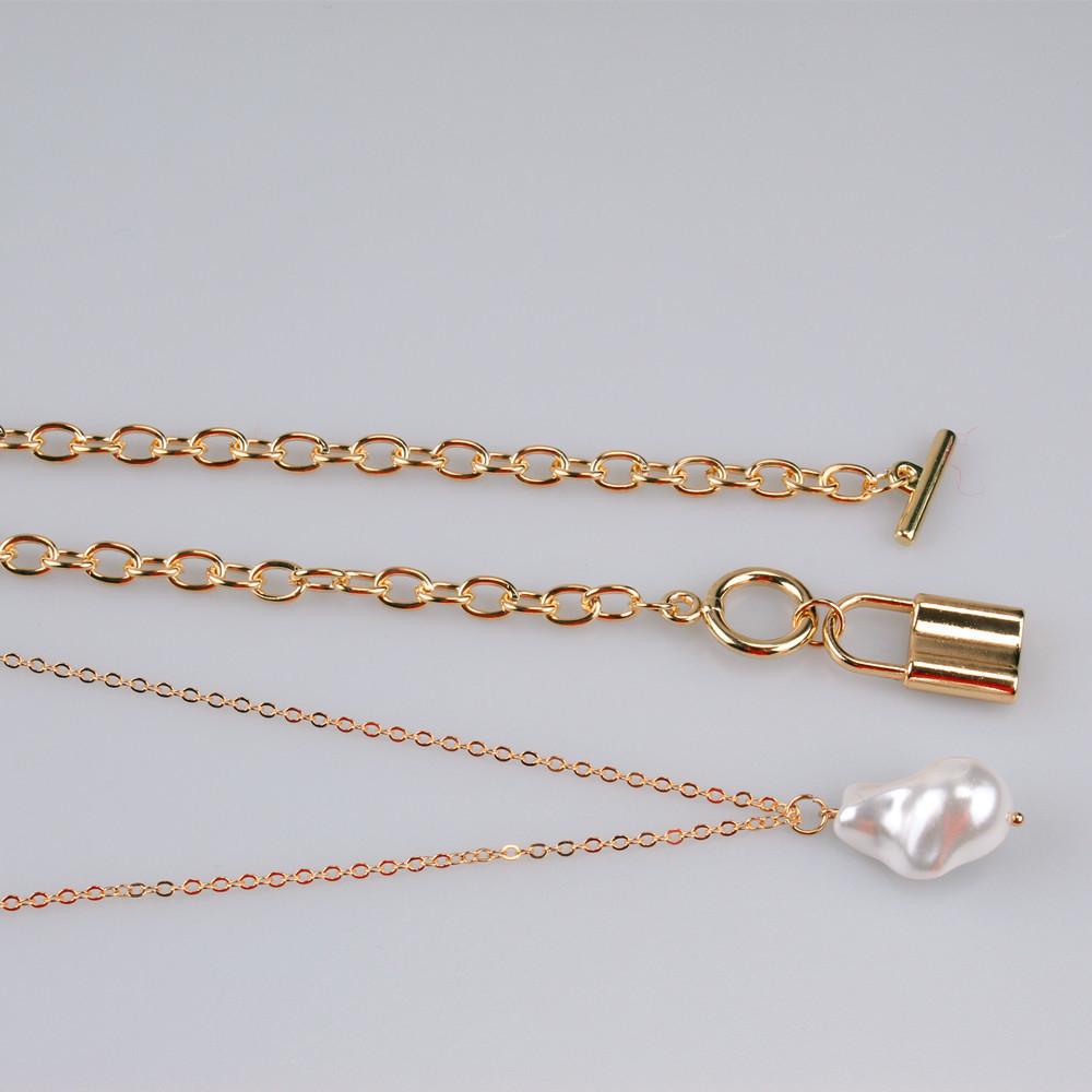 Jewelry Personality Versatile Natural Baroque Pearl Clavicle Chain Set Chain Multi-layer Lock Necklace Women