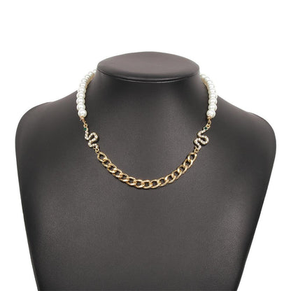N9426 Jewelry Chain Pearl Stitching Fashion Necklace Exaggerated Snake Shape Micro-inlaid Cold Necklace