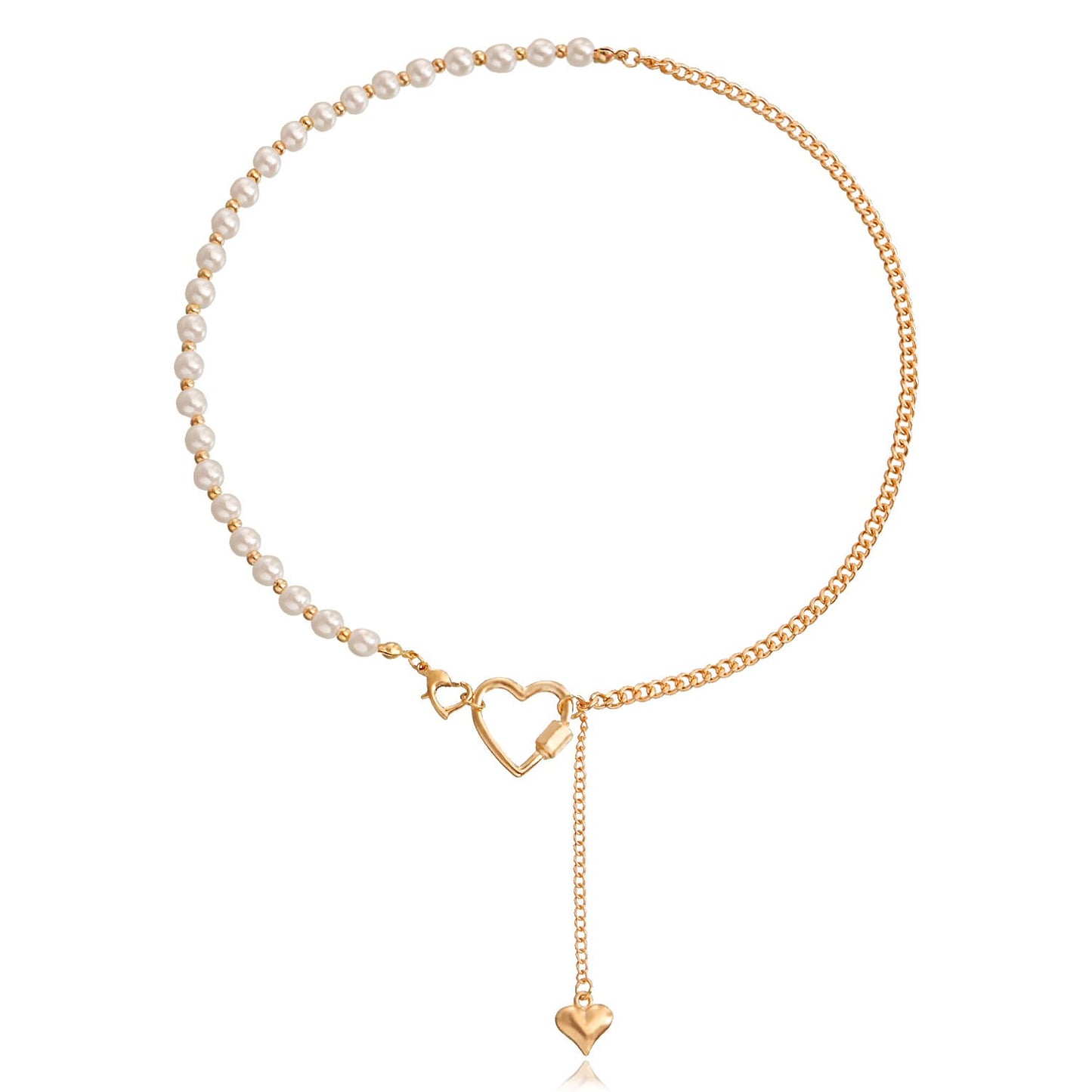 Retro imitation pearl stitching personality clavicle necklace simple geometric heart asymmetrical metal necklace ins
