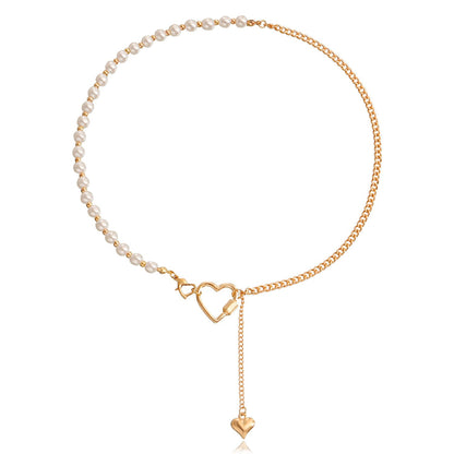 Retro imitation pearl stitching personality clavicle necklace simple geometric heart asymmetrical metal necklace ins
