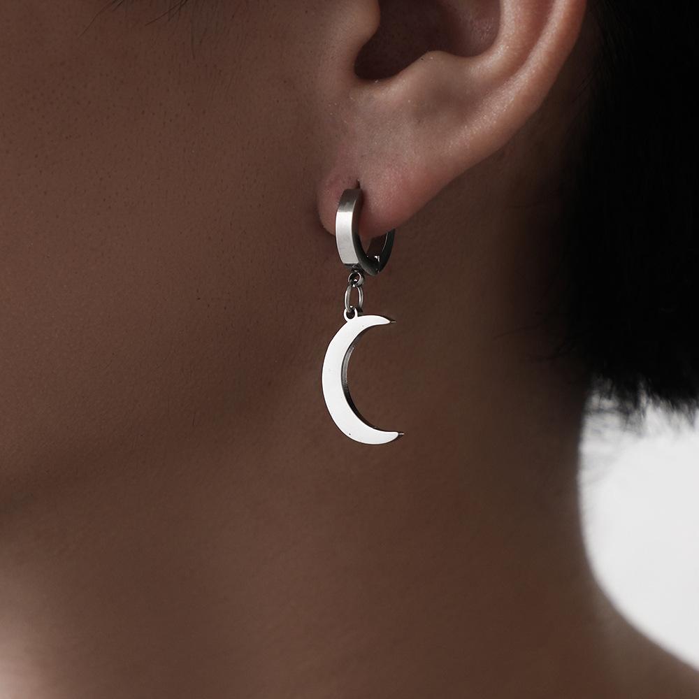 Trendy Personality Men's Simple Fashion Stainless Steel Personality Star Moon Asymmetrical Earrings Jewelry