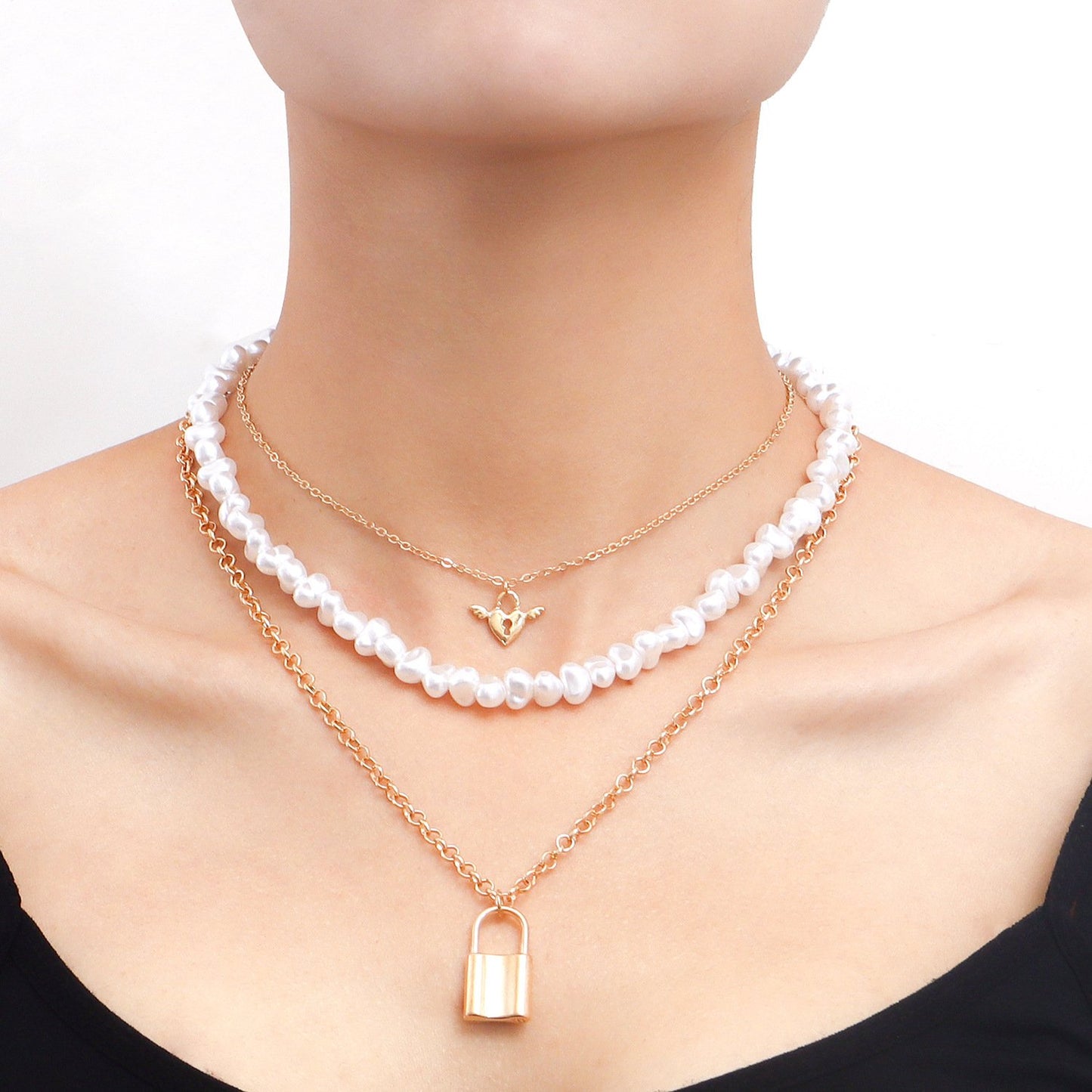 Jewelry Xiaoxiang multi-layer special-shaped highlight imitation pearl angel love padlock pendant necklace female