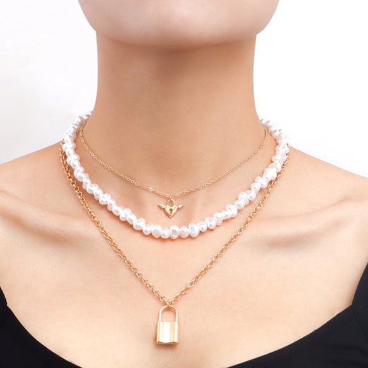 Jewelry Xiaoxiang multi-layer special-shaped highlight imitation pearl angel love padlock pendant necklace female