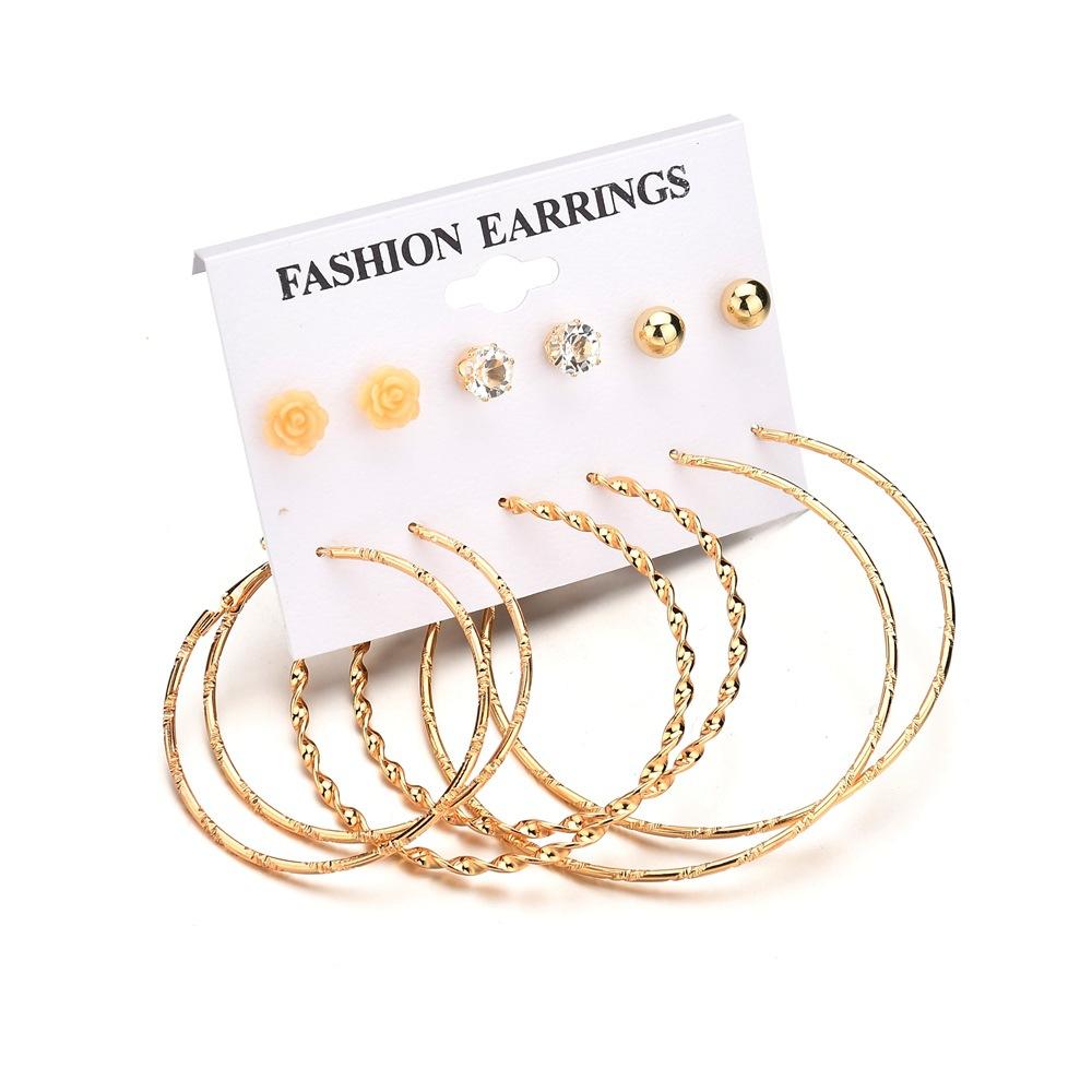 Accessories Creative 6 Pairs of Plate Earrings Set Rose Flower Diamond Stud Earrings Exaggerated Earrings Female