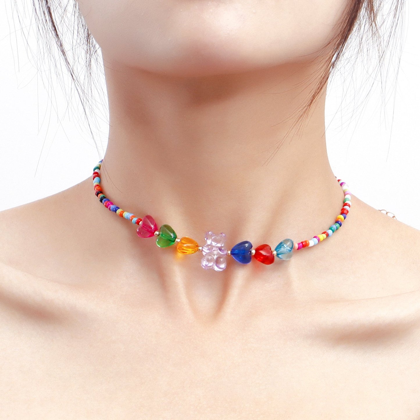 Jewelry Bohemian Mixed Color Rice Beads Colorful Heart Bear Necklace Bracelet Set Cartoon Female