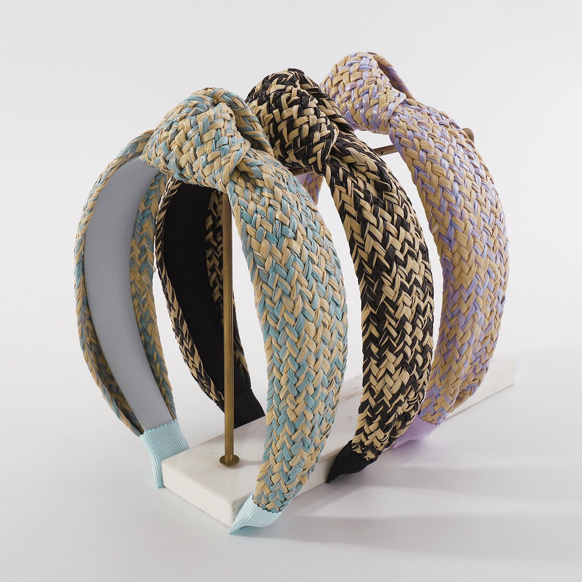 F455TikTok Simple Knotted Raffia Braided Headband Female Contrasting Color Wide Edge Geometric Headband