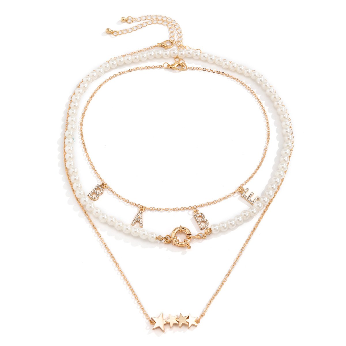 Jewelry Retro Mix and Match Imitation Pearl Chain Necklace Inlaid Rhinestone Letter Star Stacked Necklace Women