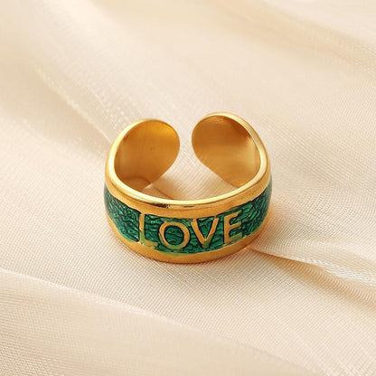 Personality fashion simple niche design ladies stainless steel opening LOVE blue green oil drop ring titanium steel ring