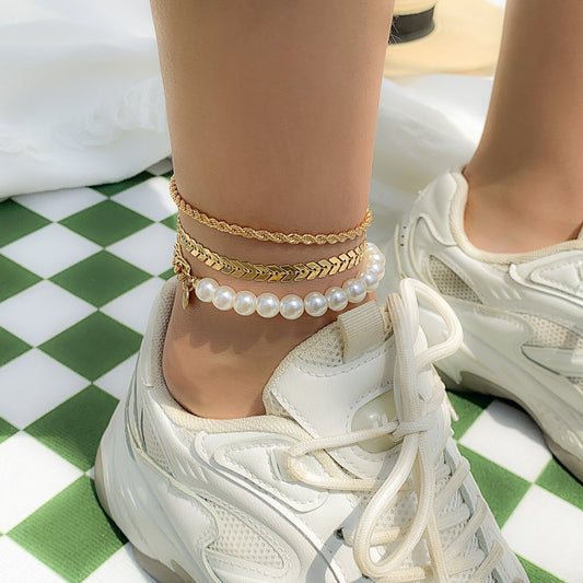 Jewelry Punk Arrow Geometric Twist Chain Foot Decoration Beach Niche Stitching Imitation Pearl Anklet Female